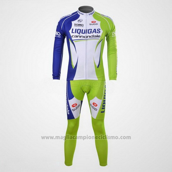 2012 Abbigliamento Ciclismo Liquigas Cannondale Bianco e Verde Manica Lunga e Salopette